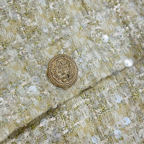 Gianni Bini Lissy Sequin Tweed Long Sleeve Button Front Mini Dress Champagne NEW - Picture 9 of 12